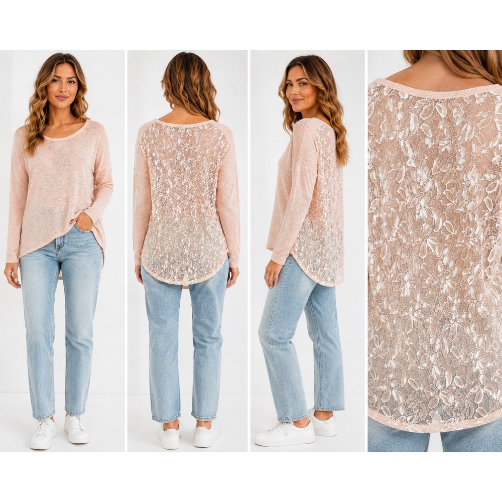 Bar III Lace Back Sweater Womens M Blush Pink‎ Lightweight Knit High Low Top